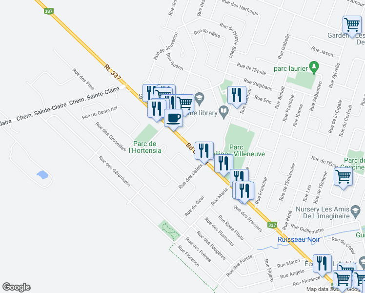 map of restaurants, bars, coffee shops, grocery stores, and more near Boulevard Laurier in Terrebonne