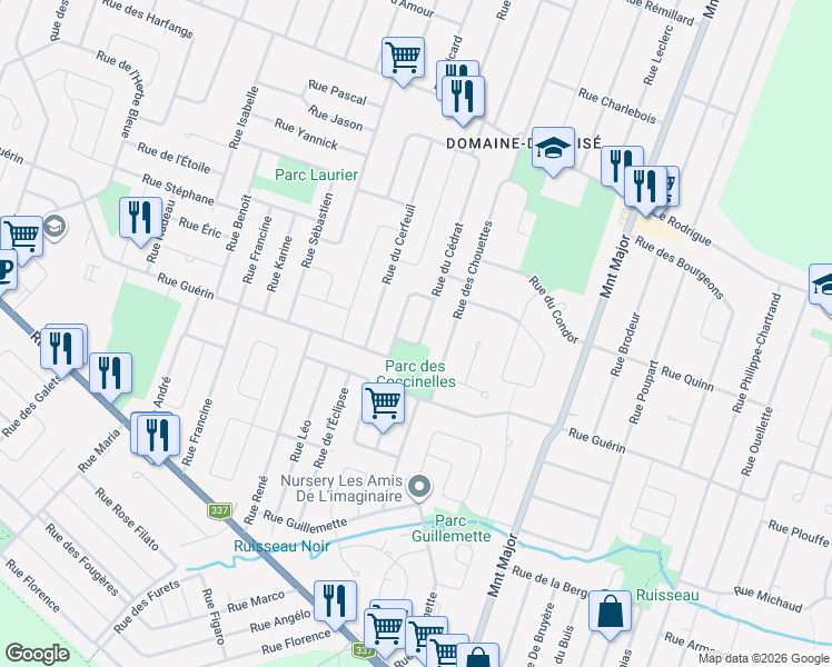 map of restaurants, bars, coffee shops, grocery stores, and more near 2364 Rue du Cédrat in Terrebonne