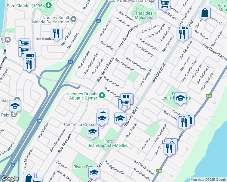 map of restaurants, bars, coffee shops, grocery stores, and more near 135 Rue Sévigny in Repentigny