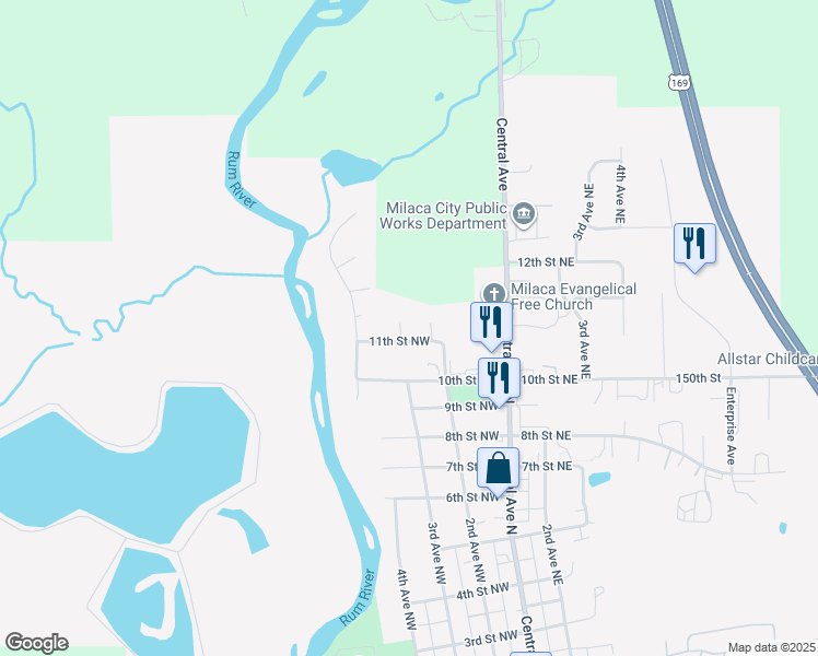 map of restaurants, bars, coffee shops, grocery stores, and more near 245 11th Street Northwest in Milaca
