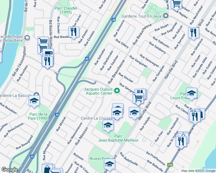 map of restaurants, bars, coffee shops, grocery stores, and more near 265 Rue Valmont in Repentigny