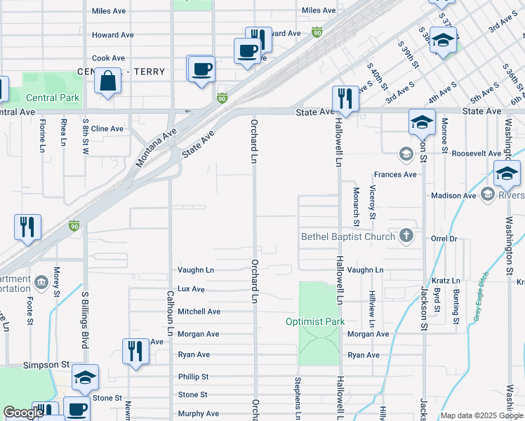 map of restaurants, bars, coffee shops, grocery stores, and more near 233 Orchard Lane in Billings