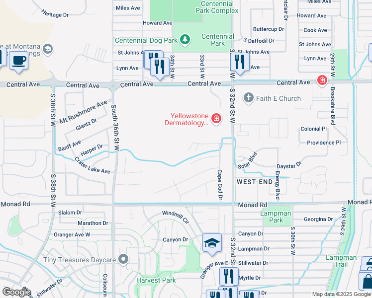 map of restaurants, bars, coffee shops, grocery stores, and more near 3374 Crater Lake Avenue in Billings