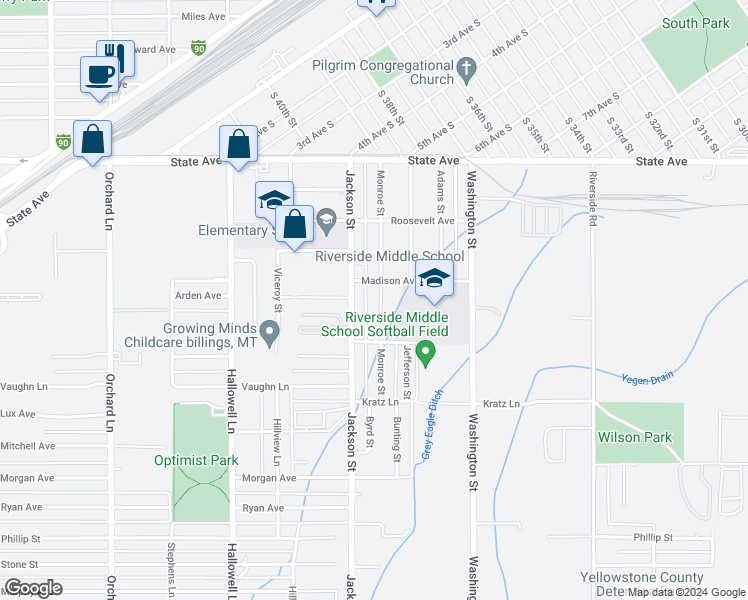 map of restaurants, bars, coffee shops, grocery stores, and more near 208 Monroe Street in Billings