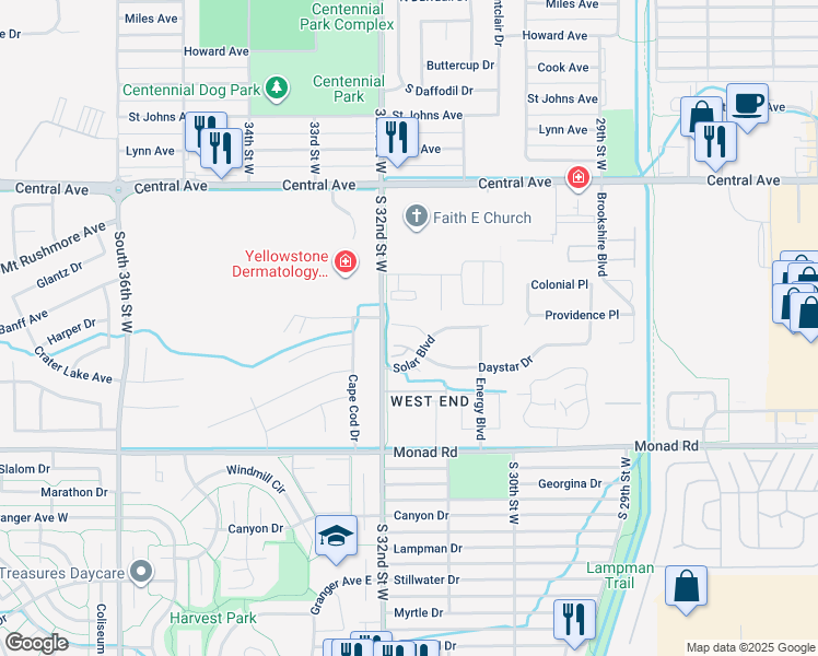 map of restaurants, bars, coffee shops, grocery stores, and more near 3134 Daystar Drive in Billings