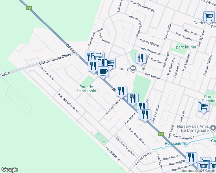 map of restaurants, bars, coffee shops, grocery stores, and more near Boulevard Laurier in Terrebonne