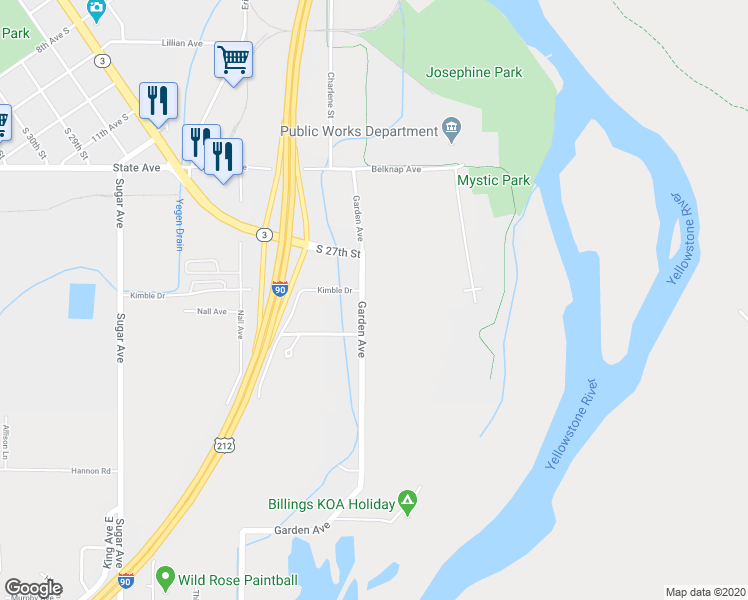 map of restaurants, bars, coffee shops, grocery stores, and more near 201 Garden Avenue in Billings