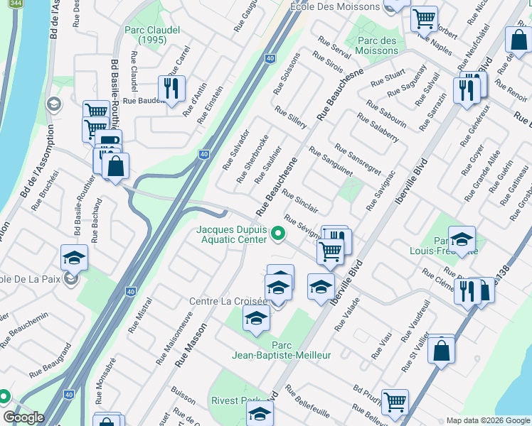 map of restaurants, bars, coffee shops, grocery stores, and more near 760 Rue Beauchesne in Repentigny