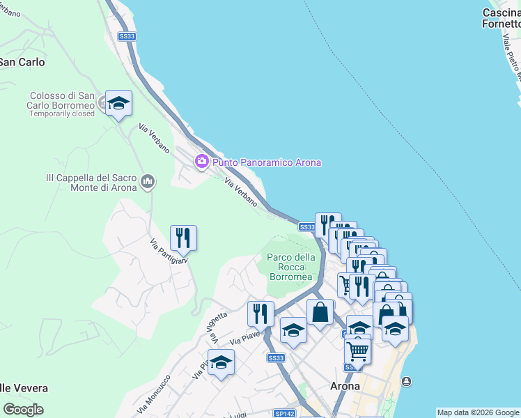 map of restaurants, bars, coffee shops, grocery stores, and more near 9 Via Sempione in Arona