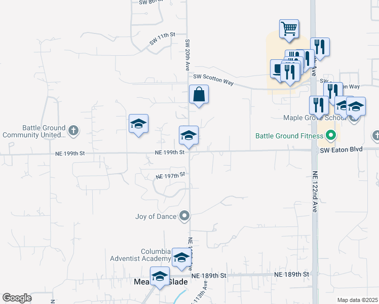 map of restaurants, bars, coffee shops, grocery stores, and more near 12818 Northeast 199th Street in Battle Ground