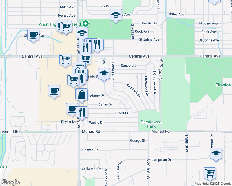 map of restaurants, bars, coffee shops, grocery stores, and more near 124 South Santa Fe Drive in Billings