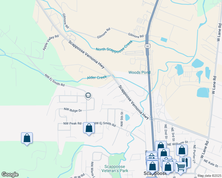 map of restaurants, bars, coffee shops, grocery stores, and more near 53103 Northwest Manor Drive in Scappoose