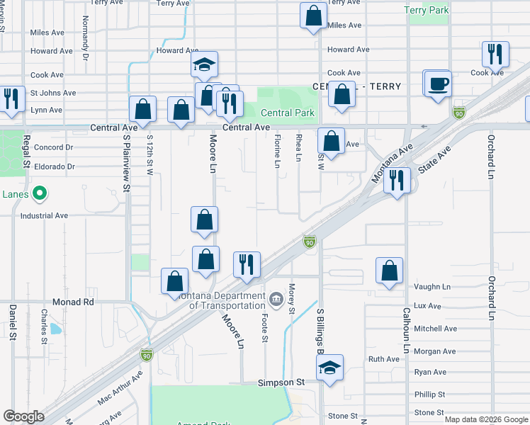 map of restaurants, bars, coffee shops, grocery stores, and more near 138 Florine Lane in Billings