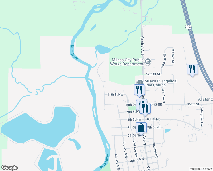 map of restaurants, bars, coffee shops, grocery stores, and more near 1255 4th Avenue Northwest in Milaca