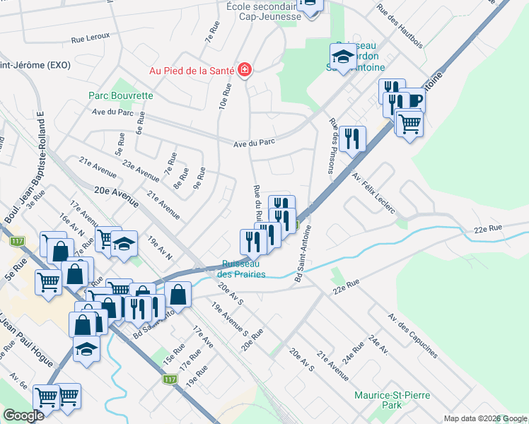 map of restaurants, bars, coffee shops, grocery stores, and more near 600 Avenue des Colombes in Saint-Jérôme