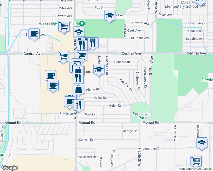 map of restaurants, bars, coffee shops, grocery stores, and more near 124 South Santa Fe Drive in Billings