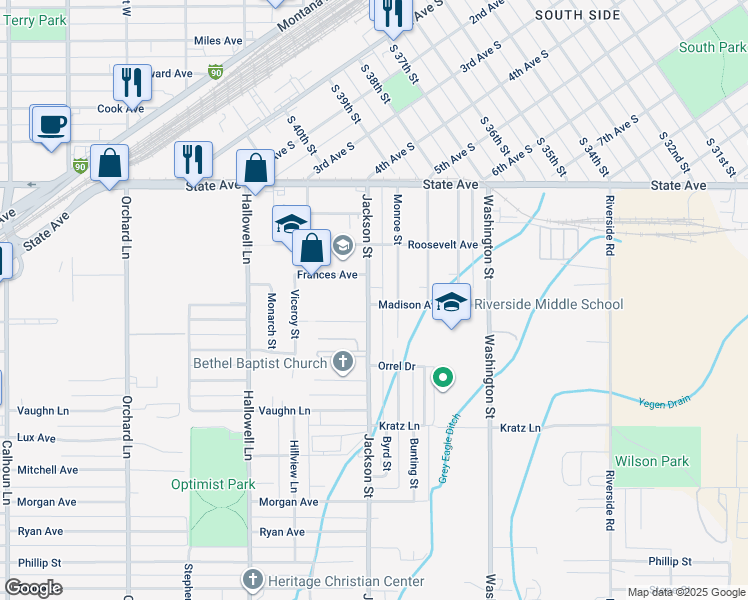 map of restaurants, bars, coffee shops, grocery stores, and more near 145 Jackson Street in Billings