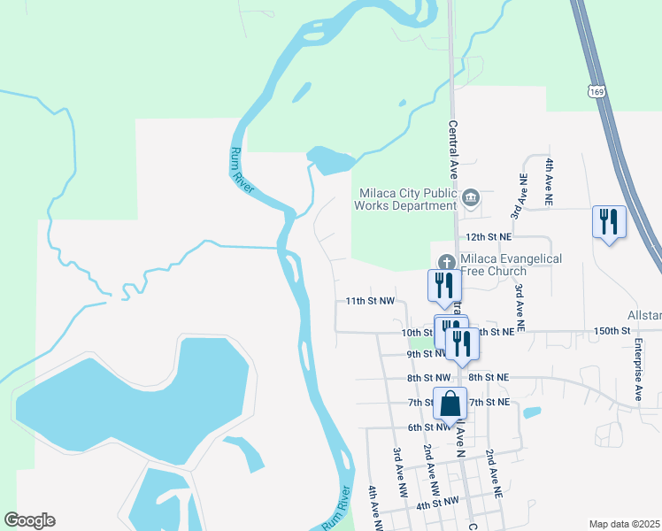 map of restaurants, bars, coffee shops, grocery stores, and more near 1270 4th Avenue Northwest in Milaca