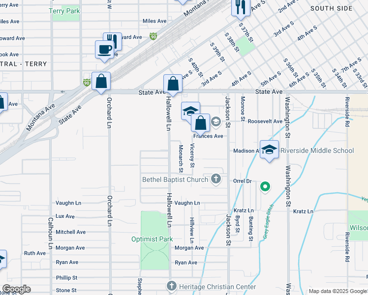 map of restaurants, bars, coffee shops, grocery stores, and more near 145 Monarch Street in Billings