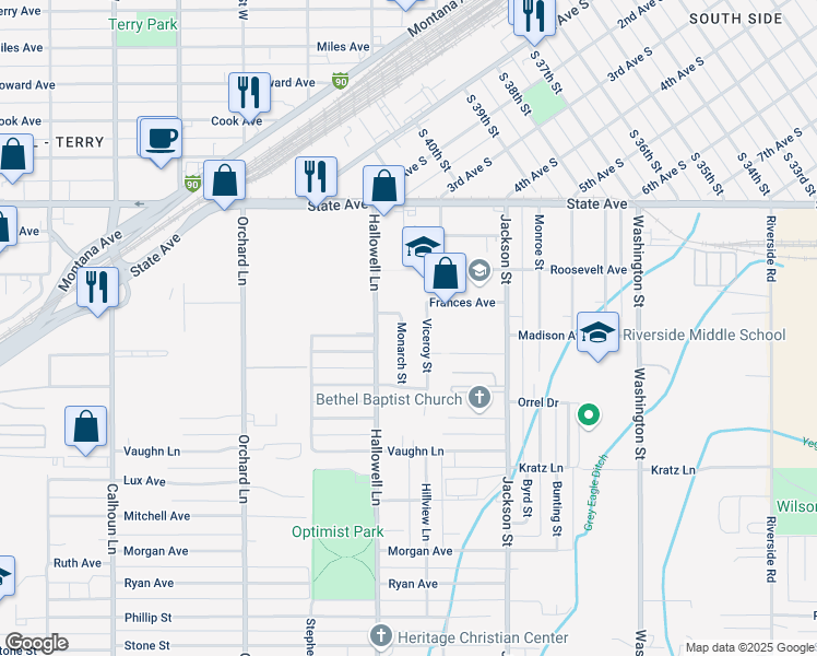 map of restaurants, bars, coffee shops, grocery stores, and more near 145 Monarch Street in Billings