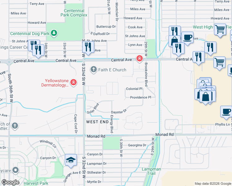 map of restaurants, bars, coffee shops, grocery stores, and more near 3053 Hunters Ridge Loop in Billings