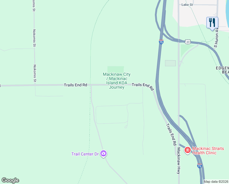 map of restaurants, bars, coffee shops, grocery stores, and more near 8524 Trails End Road in Mackinaw City