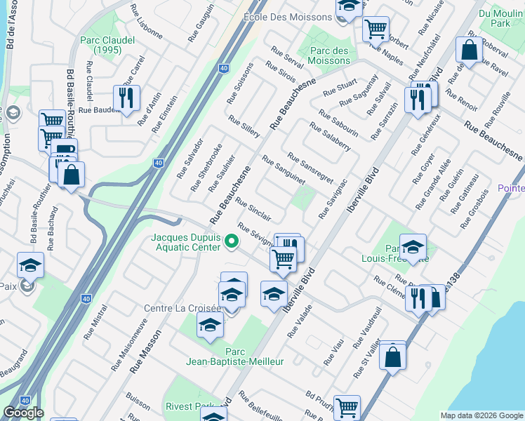 map of restaurants, bars, coffee shops, grocery stores, and more near 145 Rue Sinclair in Repentigny