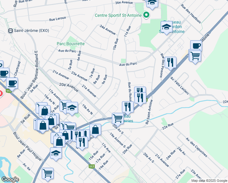map of restaurants, bars, coffee shops, grocery stores, and more near 915 11e Rue in Saint-Jérôme