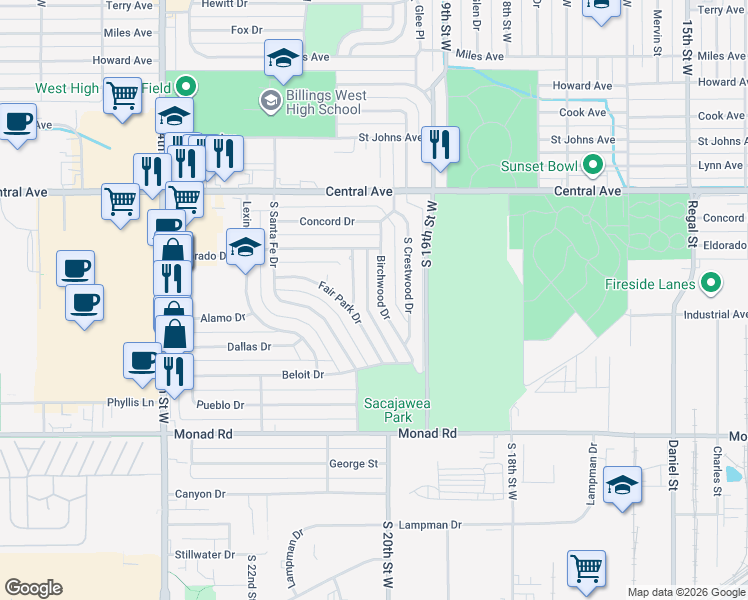 map of restaurants, bars, coffee shops, grocery stores, and more near 144 Birchwood Dr in Billings