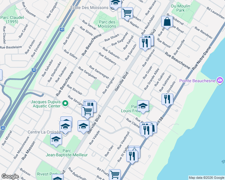 map of restaurants, bars, coffee shops, grocery stores, and more near 821 Iberville Boulevard in Repentigny