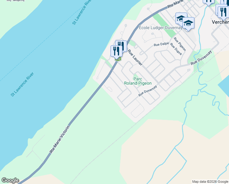 map of restaurants, bars, coffee shops, grocery stores, and more near 124 Rue Jean-XXIII in Verchères