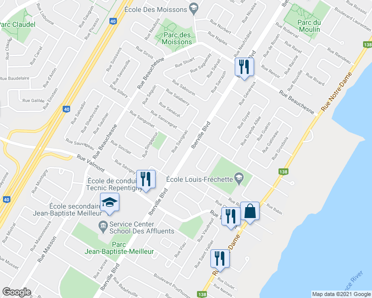 map of restaurants, bars, coffee shops, grocery stores, and more near 821 Iberville Boulevard in Repentigny