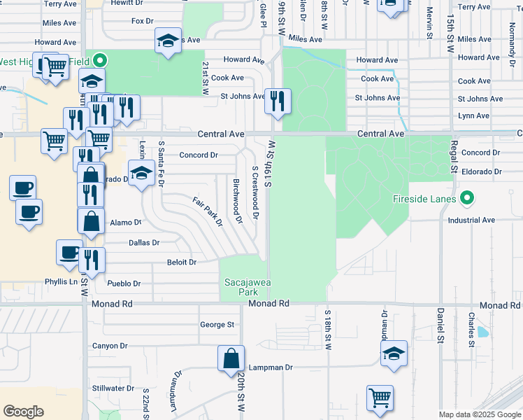 map of restaurants, bars, coffee shops, grocery stores, and more near 145 S Crestwood Dr in Billings