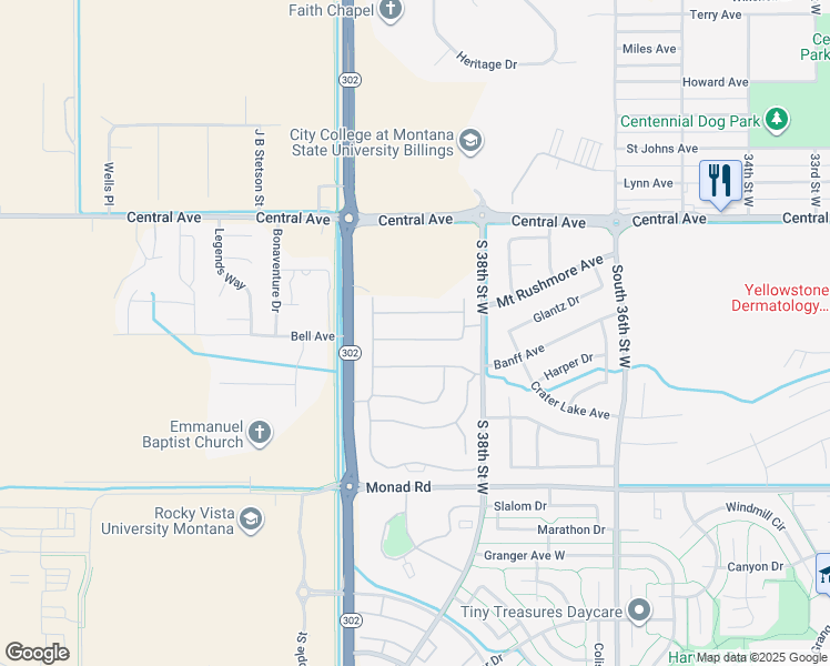 map of restaurants, bars, coffee shops, grocery stores, and more near 3901 Towhee Lane in Billings