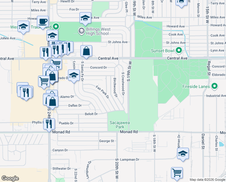 map of restaurants, bars, coffee shops, grocery stores, and more near 144 Birchwood Drive in Billings