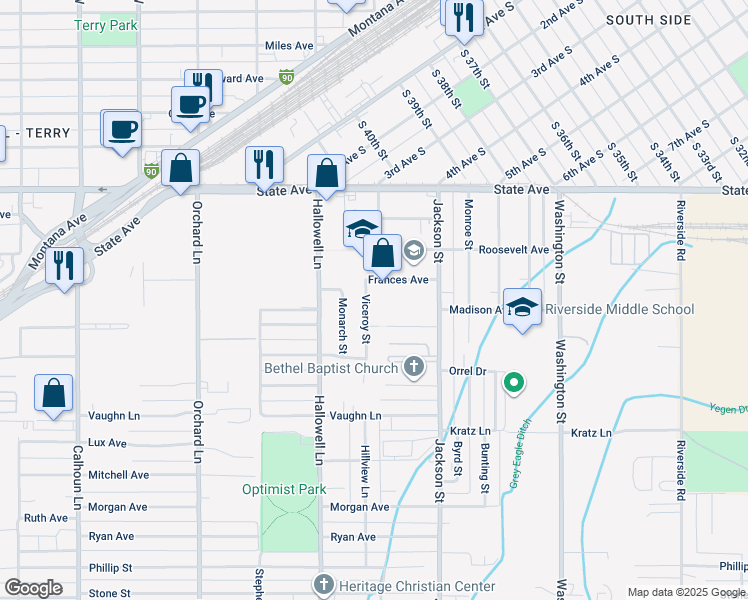 map of restaurants, bars, coffee shops, grocery stores, and more near 147 Viceroy Street in Billings