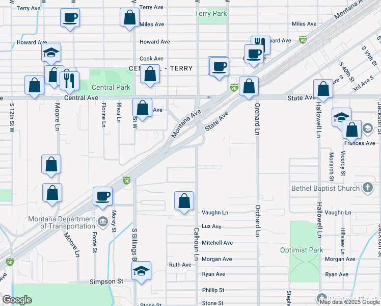 map of restaurants, bars, coffee shops, grocery stores, and more near 150 Calhoun Lane in Billings