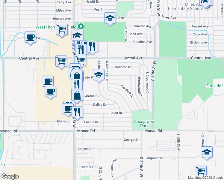 map of restaurants, bars, coffee shops, grocery stores, and more near 124 South Santa Fe Drive in Billings