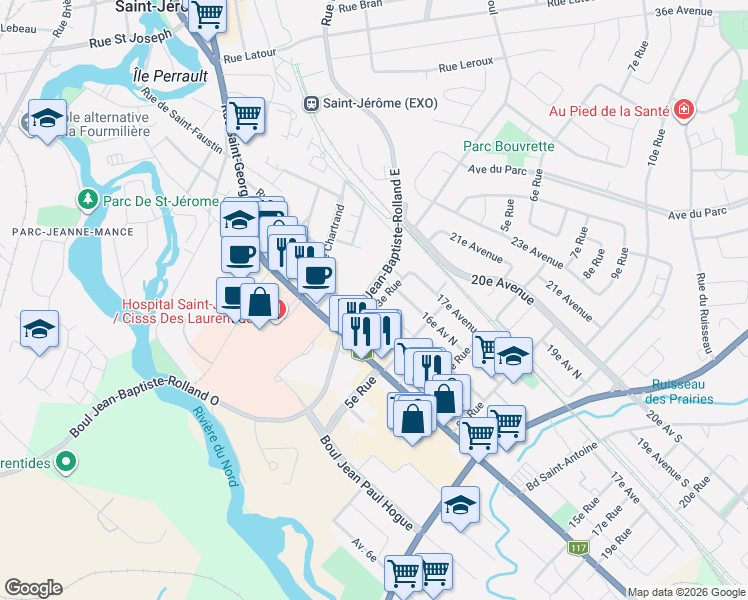 map of restaurants, bars, coffee shops, grocery stores, and more near 633 3e Rue in Saint-Jérôme
