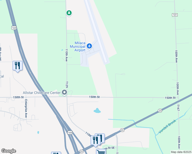 map of restaurants, bars, coffee shops, grocery stores, and more near 10594-10956 County Road 33 in Milaca