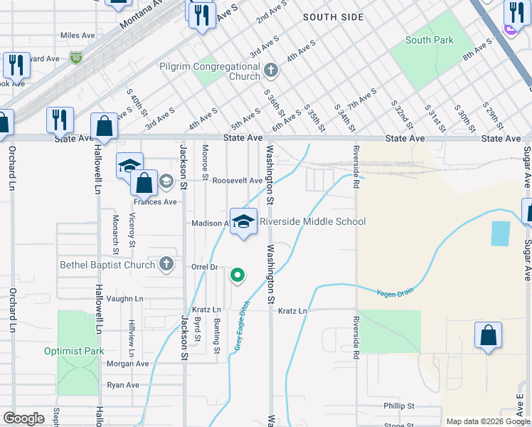 map of restaurants, bars, coffee shops, grocery stores, and more near 144 Washington Street in Billings