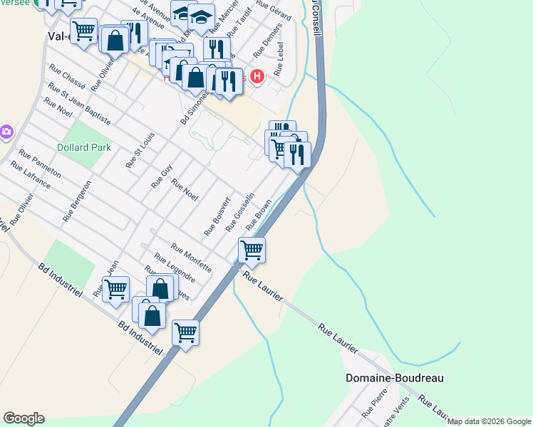 map of restaurants, bars, coffee shops, grocery stores, and more near 220 Rue Brown in Val-des-Sources