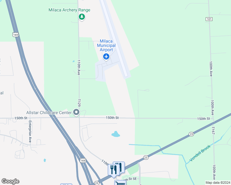 map of restaurants, bars, coffee shops, grocery stores, and more near 10594-10956 County Road 33 in Milaca