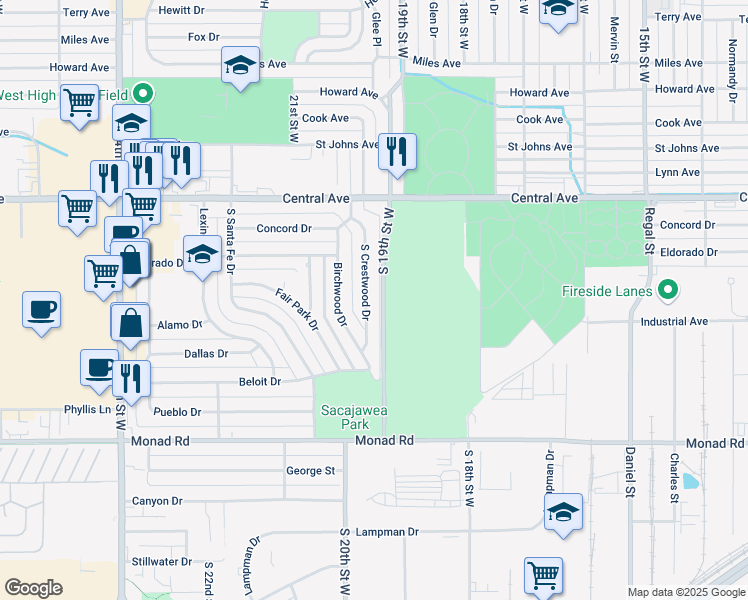map of restaurants, bars, coffee shops, grocery stores, and more near 145 South Crestwood Drive in Billings