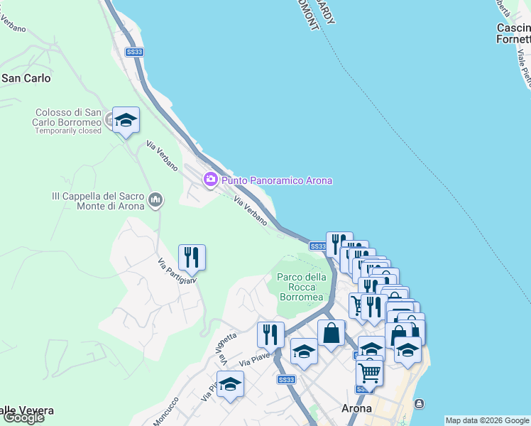 map of restaurants, bars, coffee shops, grocery stores, and more near 9 Via Sempione in Arona