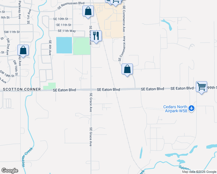 map of restaurants, bars, coffee shops, grocery stores, and more near 1200 Southeast Eaton Boulevard in Battle Ground