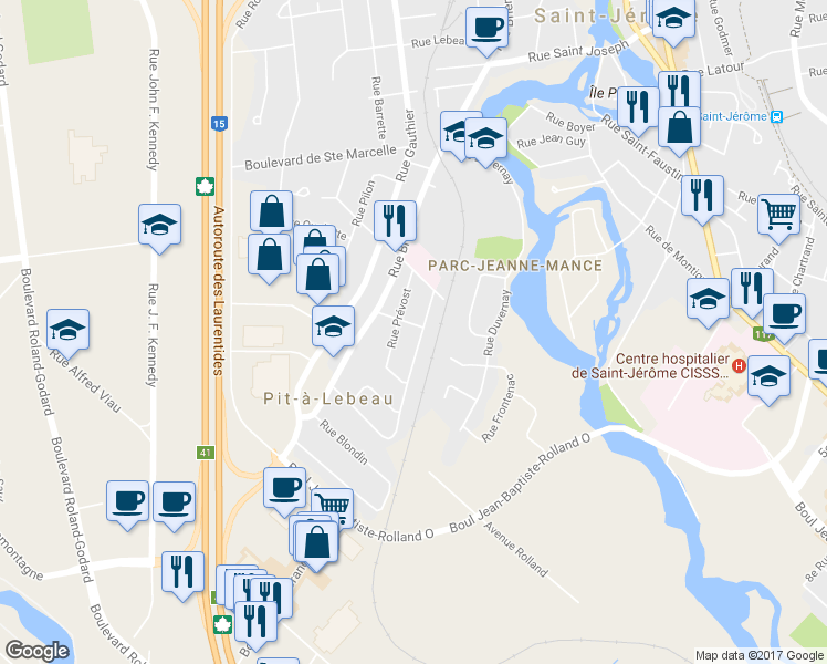 map of restaurants, bars, coffee shops, grocery stores, and more near 476 Rue Blanchard in Saint-Jérôme
