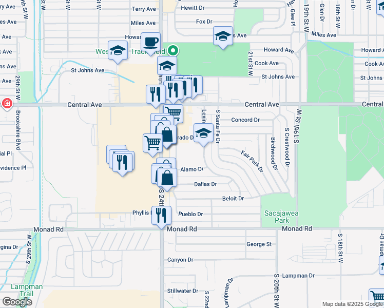 map of restaurants, bars, coffee shops, grocery stores, and more near 120 Lexington Drive in Billings