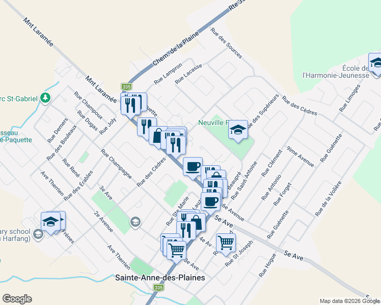 map of restaurants, bars, coffee shops, grocery stores, and more near 492 Place des Ancêtres in Sainte-Anne-des-Plaines