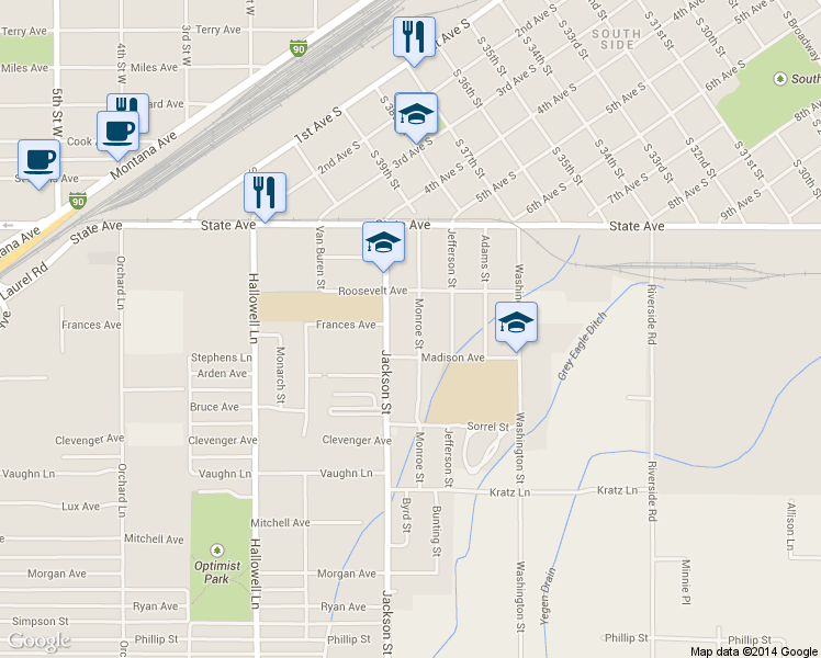 map of restaurants, bars, coffee shops, grocery stores, and more near 145 Jackson Street in Billings